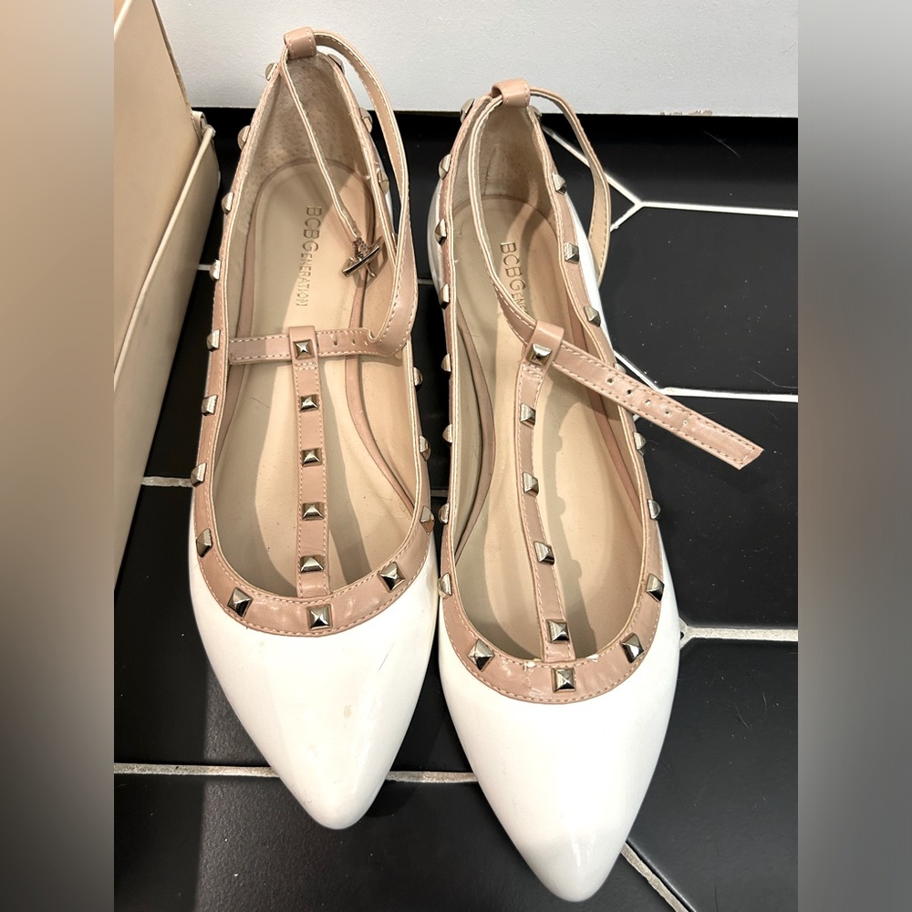 BCBG White Annia-X Studded Flats Size 8.5